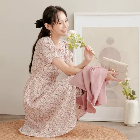桔熊夏季韩版浪漫复古碎花收腰泡泡袖连衣裙子女神大码DA9210图片