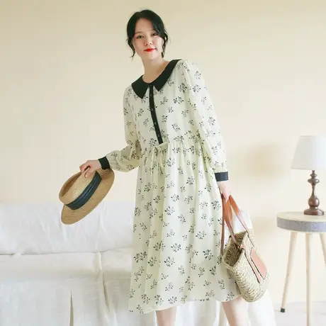 【买一送一】秋季新品印花撞色长袖连衣裙大码方领宽松显瘦长裙图片