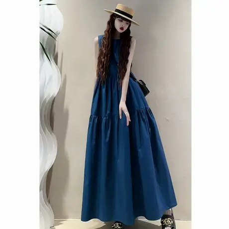 纯诗曼新款圆领无袖连衣裙长款高腰娃娃裙bf风休闲学生过膝长裙潮图片