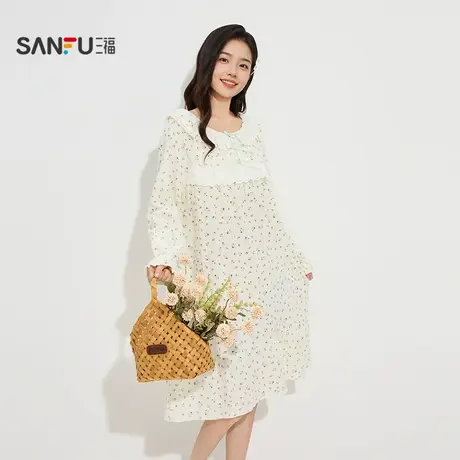 三福女秋季田园碎花花边长袖睡裙 甜系氛围感宽松家居服504624图片