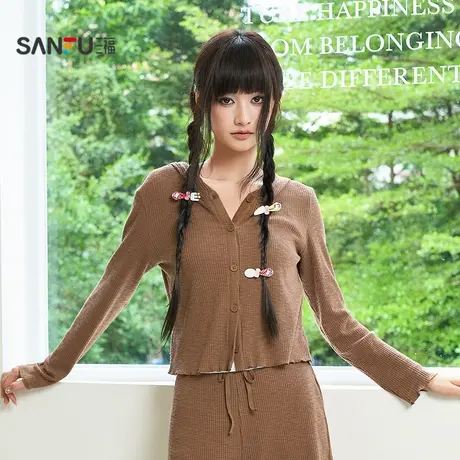 三福女秋季毛织连帽外套 时尚个性宽松单衣抽绳腰上衣女511031图片