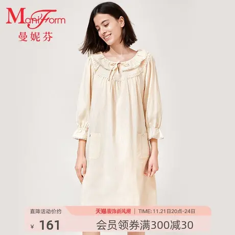 曼妮芬荷叶领泡泡七分袖裙装纯棉家居服女士春秋舒适睡裙20310705图片