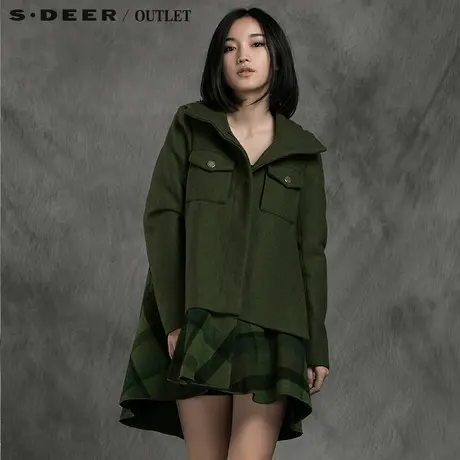 s.deer【新品】圣迪奥专柜正品女冬格纹毛呢拼接棉大衣S14481735图片
