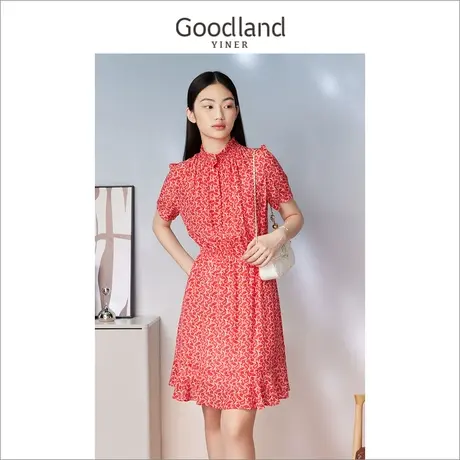 [真丝系列]Goodland美地女装2023夏季木耳边桑蚕丝收褶连衣裙图片