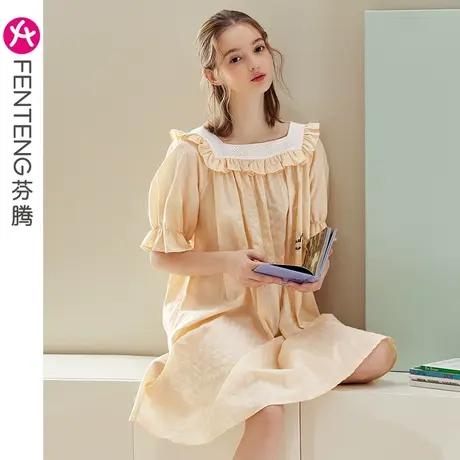 芬腾睡裙女夏季薄款棉质短袖睡衣裙款甜美休闲宽松少女中裙家居服商品大图