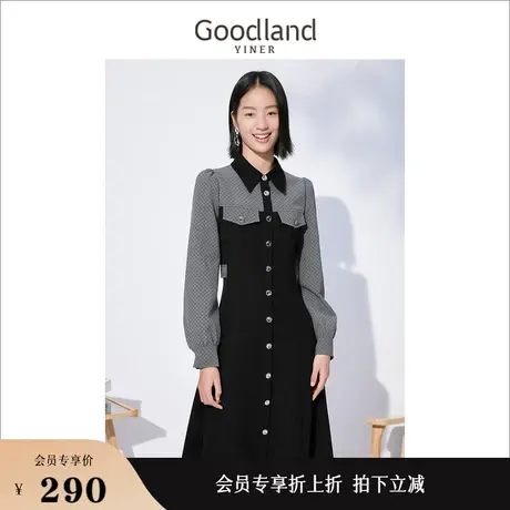Goodland美地女装秋季长袖拼接polo衬衫连衣裙图片