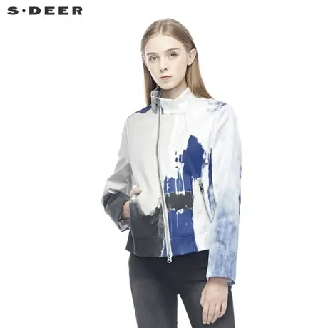 sdeer圣迪奥个性时尚创意斜襟晕染印花弧形下摆高领外套S19382257商品大图