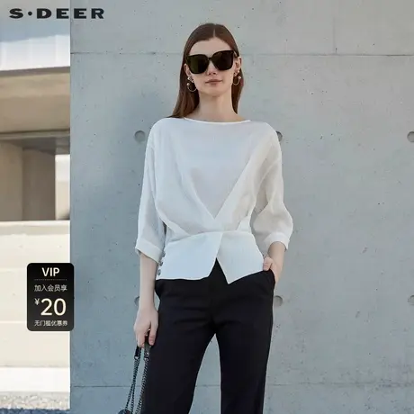 【直播间专属】sdeer圣迪奥简约圆领拼接开叉中袖衬衫S232Z0418商品大图
