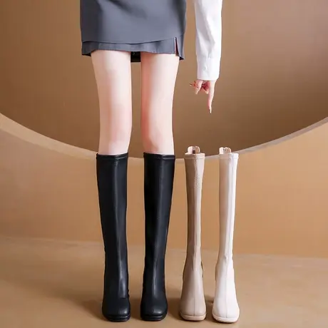 法式长筒靴女2023春秋新款高级感小个子增高瘦瘦靴粗跟高跟骑士靴商品大图