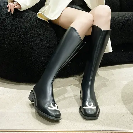 黑色长筒靴女2024年新款春秋不过膝骑士靴百搭显瘦高筒靴中筒靴冬商品大图