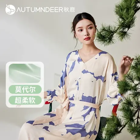 秋鹿莫代尔贡缎睡衣女夏薄款新中式国风印花冰丝七分袖家居服睡裙图片