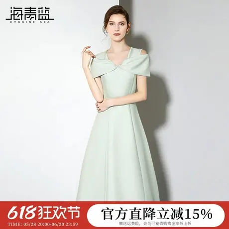 海青蓝 短袖裙子夏装女装2025新款配腰带露肩袖a字中长款连衣裙女图片