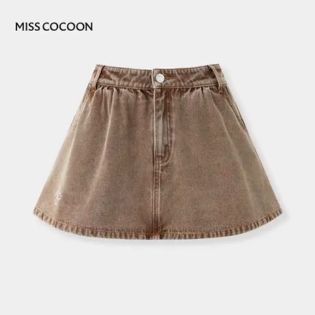 【七七酱直播间】MISS COCOON复古牛仔短裙女a字裙烫钻短款裙子图片