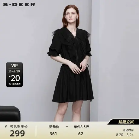 sdeer圣迪奥女装V领蕾丝收腰泡泡袖连衣裙S222Z12G1商品大图