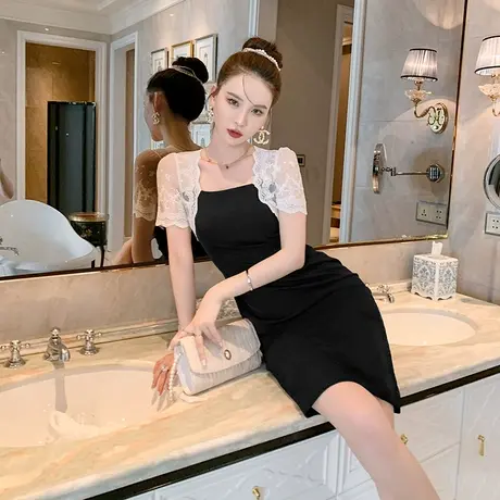 轻熟风方领法式连衣裙女夏气质修身显瘦蕾丝拼接假两件包臀小黑裙图片