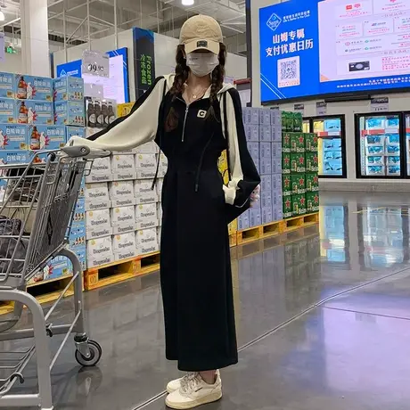 大码连帽卫衣连衣裙女春秋季胖mm气质显瘦休闲收腰a字长裙子200斤商品大图