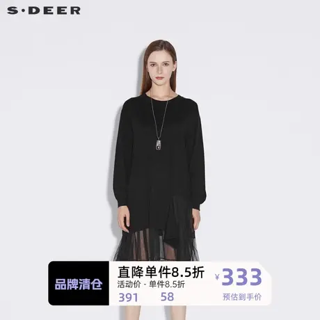 sdeer圣迪奥女装休闲圆领网纱拼接长袖连衣裙S21381204图片