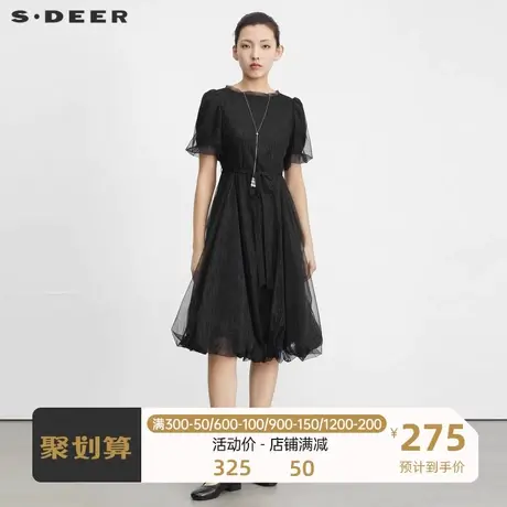 圣迪奥女装圆领收腰网纱泡泡袖连衣裙S23261211图片