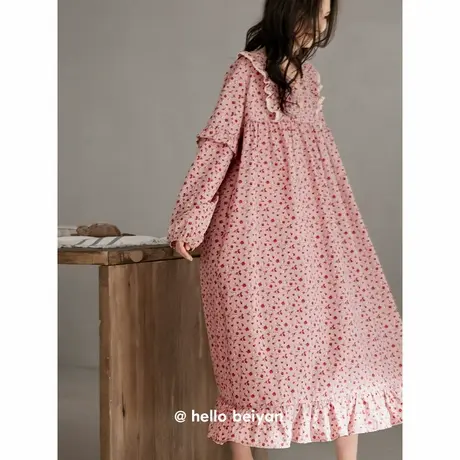 贝妍长袖睡衣女春秋新款莫代尔棉睡裙甜美小碎花少女公主风连衣裙图片