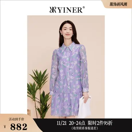 YINER音儿奥莱女装2023春季甜美印花复古泡泡袖连衣裙图片