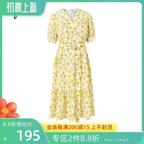 伊芙丽新款V领短袖气质显瘦连衣裙中长款碎花裙子女1B4491391图片