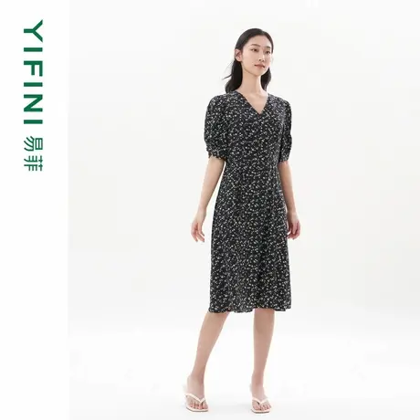 [专柜同款]Yifini/易菲短袖V领碎花印花真丝100%桑蚕丝连衣裙夏新图片