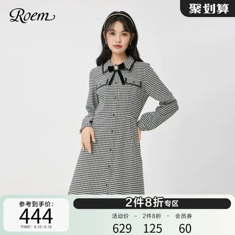 Roem秋冬季新品商场同款复古风格子气质POLO领翻领X型收腰连衣裙图片