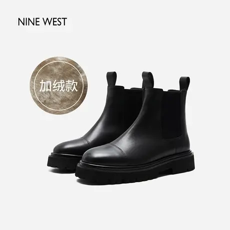 Nine West/玖熙圆头烟筒靴冬新款英伦风弹力厚底切尔西靴加绒商品大图