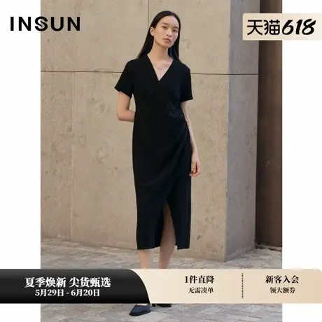 INSUN恩裳专选夏季捏褶收腰黑色醋酸连衣裙图片