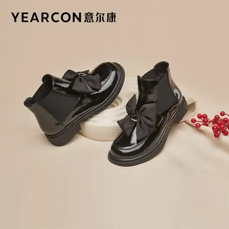 意尔康女鞋秋冬季女士漆皮短靴粗跟单靴切尔西靴法式休闲显脚小商品大图