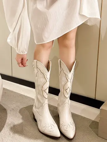 欧美V口刺绣不过膝西部牛仔靴女2023新款高跟复古白色骑士时装靴商品大图