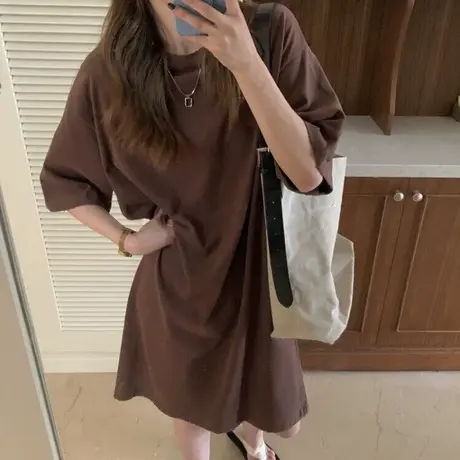中长款过膝长裙女夏季韩版宽松显瘦洋气减龄百搭纯棉五分袖连衣裙图片