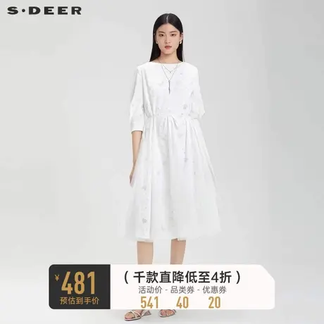 sdeer圣迪奥优雅圆领收腰网纱灯笼袖连衣裙S232Z1223图片