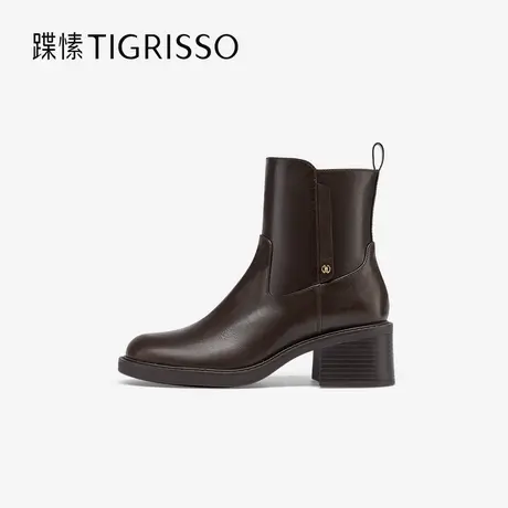 蹀愫冬复古厚底增高棕色靴子圆头时装靴短靴TA54721-13图片