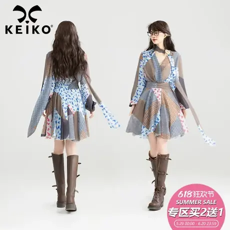 KEIKO [赠颈带] 拼色格子不规则连衣裙春夏打揽收腰显瘦雪纺裙子图片