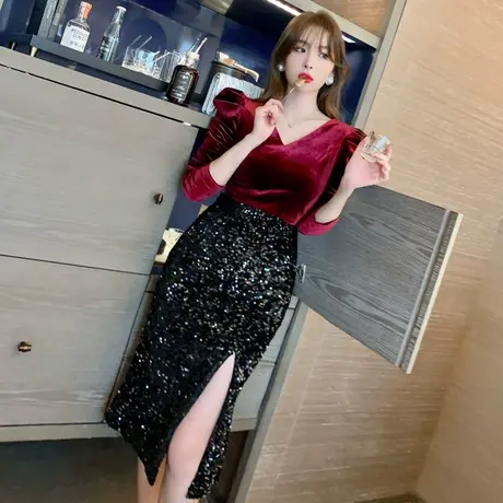 深V领修身开叉包臀连衣裙女赫本气质名媛小礼服法式泡泡袖丝绒裙图片