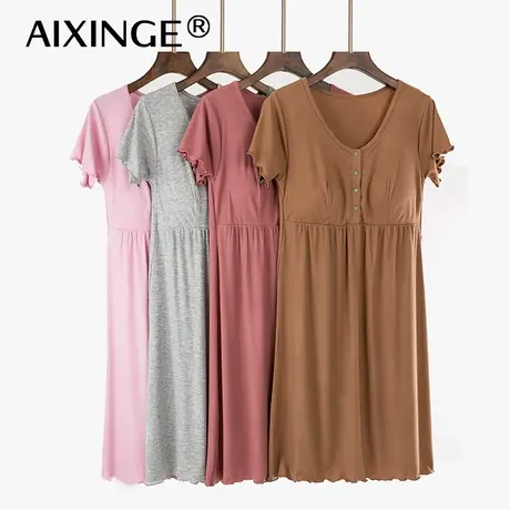 女夏季带胸垫短袖睡裙宽松家居服可外穿螺纹连衣裙哺乳月子喂奶服图片