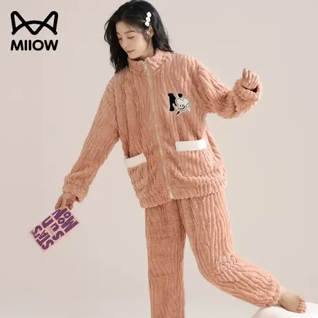 猫人2023秋冬季新款珊瑚绒睡衣女加绒加厚保暖法兰绒家居服套装商品大图