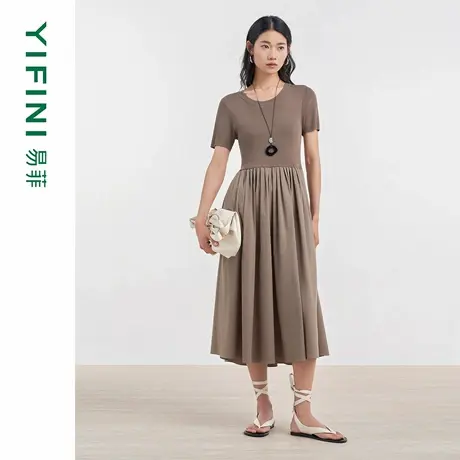 [专柜同款]Yifini/易菲短袖圆领修身针织拼接收腰气质通勤连衣裙图片