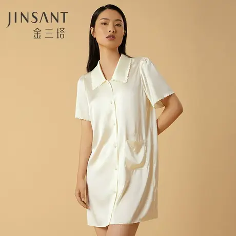 金三塔100%桑蚕丝重磅真丝花瓣绣包边纯欲风法式复古白色衬衫裙图片