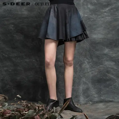 sdeer圣迪奥秋装蓝黑印花显瘦短裙A字裙毛呢半身裙女装S15381359图片