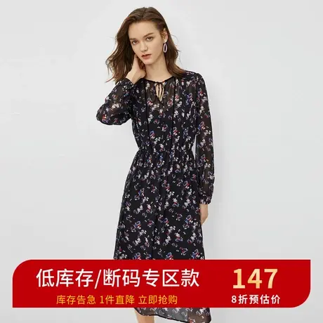 伊芙丽春季新款宽松收腰碎花雪纺连衣裙中长款裙子1B2992661图片