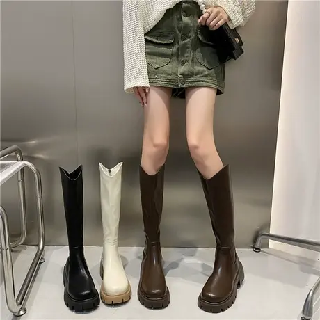小个子粗腿白色厚底长筒靴女秋季2024新款黑色复古显瘦高筒骑士靴商品大图