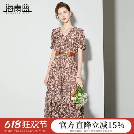 海青蓝气质碎花显瘦中长款连衣裙2024夏季新款V领雪纺印花连衣裙图片