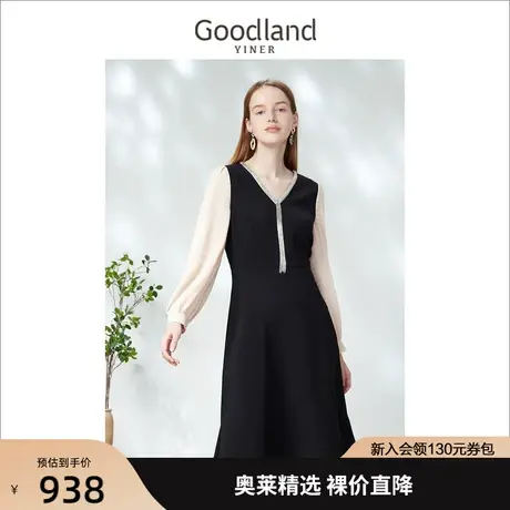 音儿美地女装2023春季新款拼色流苏收腰泡泡袖连衣裙图片
