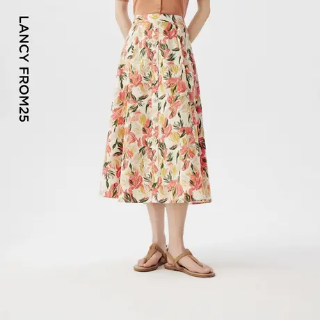 LANCY/朗姿2024夏季新款法式油画印花高腰A字度假风纯棉半身裙女图片
