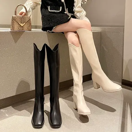白色不过膝长筒靴女春秋V口显瘦高筒粗跟高跟长靴英伦风骑士靴子商品大图