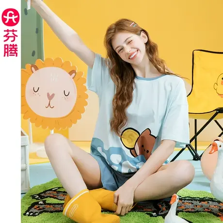 芬腾布朗熊睡衣女夏季纯棉短袖短裤薄款韩版少女可外穿家居服套装图片