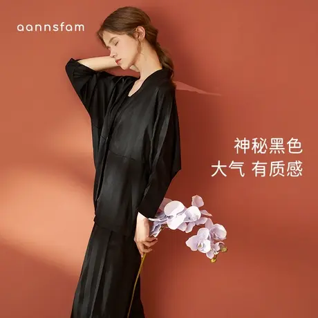 安之伴睡衣女春秋仿真冰丝薄款时尚简约深V开衫可外穿家居服套装商品大图
