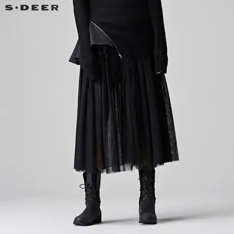 s.deer圣迪奥女装流动布片搭配手工刺绣纯色半身裙S15481157图片